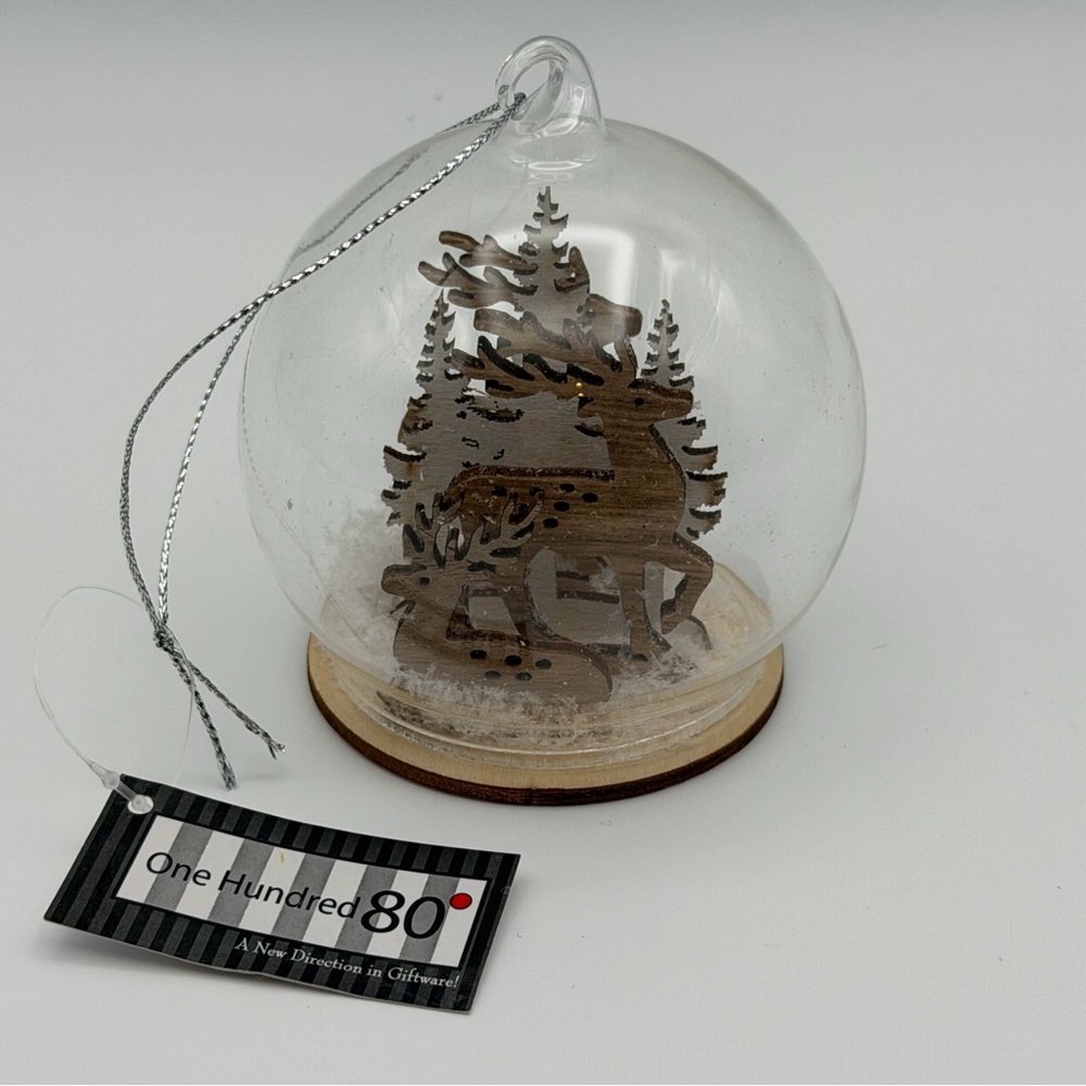 One Hundred 80° Reindeer Glass Dome Ornament Wooden Scene New
